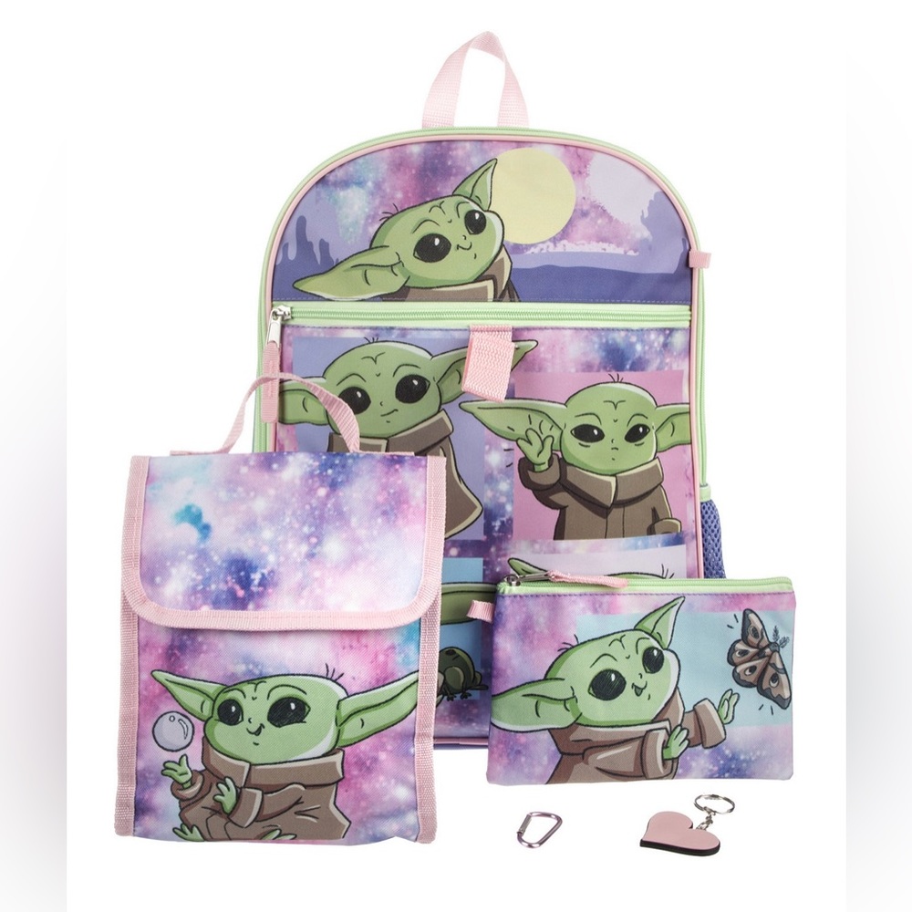 Grogu 5 pc Backpack, lunch bag, utility case, carabiner, rubber keychain dangle